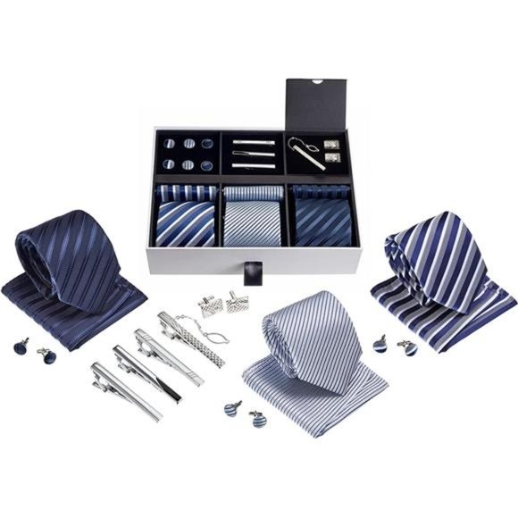 Men’s Gift Tie Set Silky Necktie Pocket Squares Tie Clips Cufflinks For Men - Picture 1 of 7